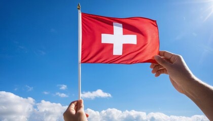 flag holding hand national switzerland switzerland sky august celebration 1st concepts day switzerland swiss happy national background blue flag happy day