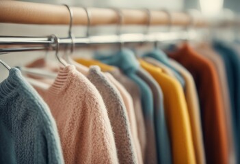 trending rack winter autumn spring nature pattern fashion warm hanging texture knitted pastel clothes shopping background business design concept