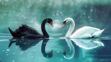 White and black swans on the lake. Wildlife concept
