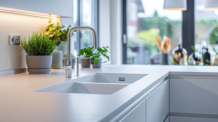 kitchen features a seamless white Corian countertop with a built-in sink and splashback. The minimalist design is accented by decorative plants and utensils, creating a sleek, modern look