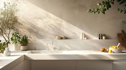 modern kitchen with a seamless white Corian countertop featuring built-in sink and splashback. The countertop is accented by plants and kitchen utensils, emphasizing a minimalist design