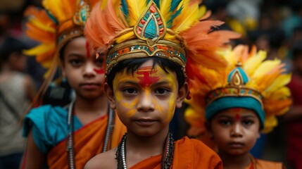 Fototapeta premium Children dressed in colorful costumes representing Rama, Sita, and La