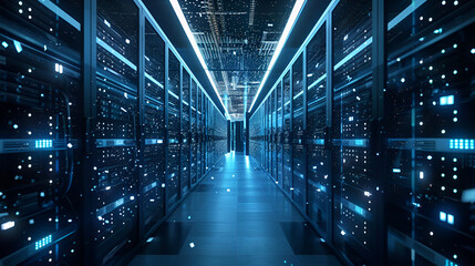 Obraz premium View of a Corridor in an Operational Data Center with Supercomputers and Rack Servers and a High-Definition Internet Visualization Projector in Blue