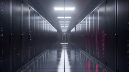 Fototapeta premium View of a Corridor in an Operational Data Center with a High Internet Visualization Projection and Rack Servers and Supercomputers