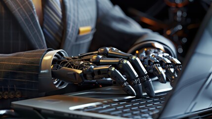 A creative composition of a robot hand, perfectly outfitted in a luxury suit and tie, typing on a high-end laptop