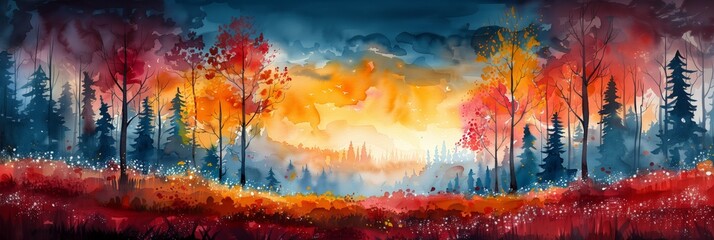 Beautiful watercolor fall landscape illustration, silhouette of autumn forest