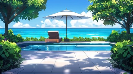   A pool with a lounge chair and an umbrella beside a vast water expanse featuring a beachscape