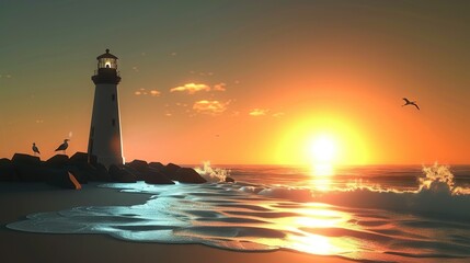  A lighthouse on a beach with a flying bird and a sun in the background is depicted in the painting