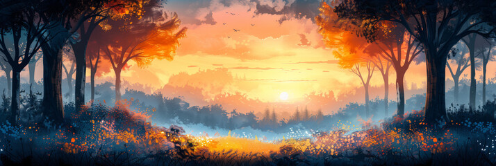 Beautiful watercolor fall landscape illustration, silhouette of autumn forest