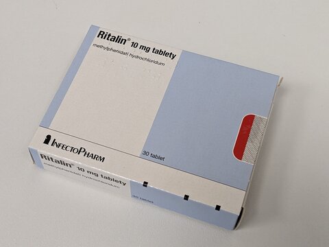 Prague, Czech Republic - July 10 2024: Ritalin box of medication with methylphenidate active substance by Novartis, used for treatment of ADHD and narcolepsy.






