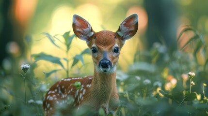 Fototapeta premium adorable fawn stands gracefully in nature, with volumetric lighting enhancing its soulful eyes. The soft light creates a magical atmosphere, showcasing the beauty of wildlife