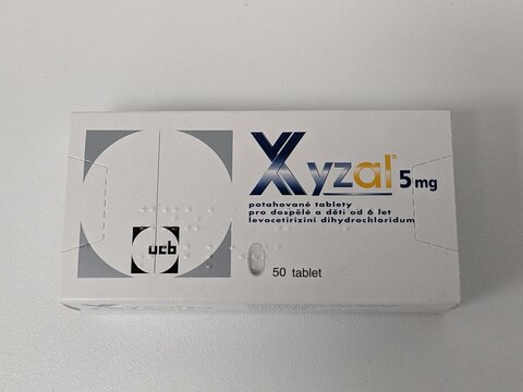Prague, Czech Republic - July 10 2024: Xyzal box of medication with levocetirizine active substance by UCB, used for treatment of allergic rhinitis and chronic urticaria.