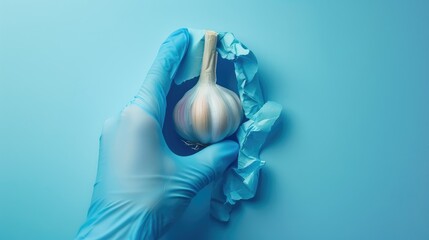 Blue latex gloved hand holds garlic for germ fighting Trendy paper hole with room for text COVID 19 remedy idea