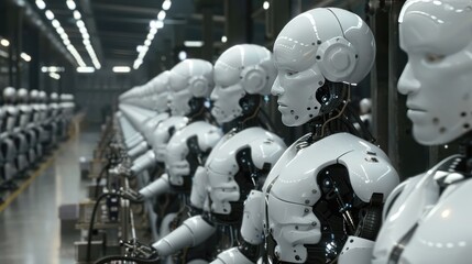 Advanced AI robots working alongside humans in a factory