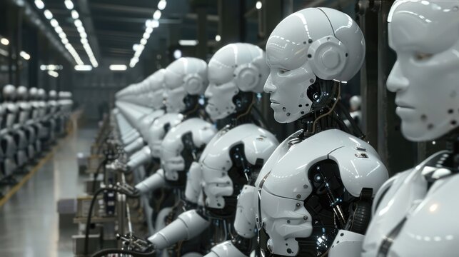 Advanced AI robots working alongside humans in a factory