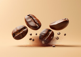 Coffee Beans Flying on Neutral Background