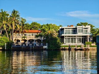 Miami Beach, Florida - Luxurious waterfront mansions at an affluent neighborhood along Indian Creek.