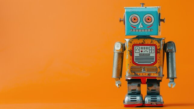 Vintage tin toy robot on orange backdrop with space for text