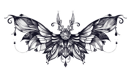 A butterfly tattoo on a woman's back. The butterfly is black and white with a flower design on its wings. The tattoo is intricate and detailed, with a sense of movement and grace