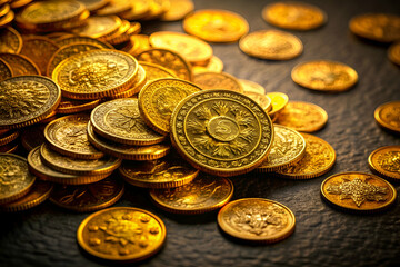 A pile of gold coins on a table. The coins are of different sizes and shapes. Concept of wealth and abundance