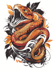 Obraz premium A snake with its mouth open and a leafy background. The snake is orange and black