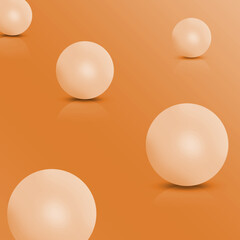 Five white spheres, balls or orbs in studio. 3D vector objects with dropped shadow on orange background. Presentation mock up for your product. Interior 3d render.