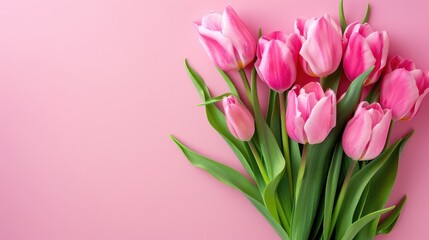 Pink tulips bouquet on pink backdrop Anniversary theme Empty space Overhead view