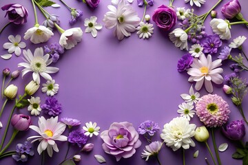 A frame made of purple and white flowers on a purple background