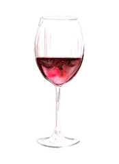 Glass with red wine. Watercolor illustration in pastel colors on white background. The drawing is hand drawn. Suitable for cards, invitations and textiles, scrapbooking.