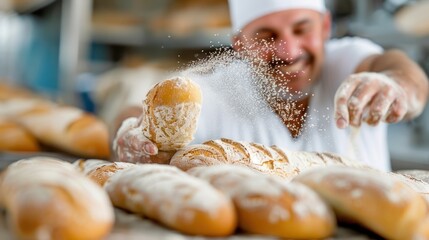 A cheerful baker wearing a white hat joyfully dusting flour over freshly baked bread loaves displayed on a counter, showcasing the art and craft of baking in a bakery.