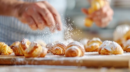 A baker delicately dusts powdered sugar onto freshly baked pastries, highlighting the sweetness and finesse involved in artisanal pastry making.
