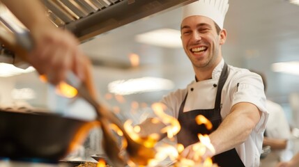 A delighted chef in white uniform and hat cooks with fire in a bustling restaurant kitchen, showcasing culinary skills, passion, and the vibrant energy of the culinary world.