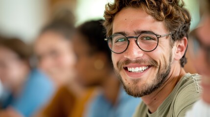Obraz premium A cheerful man with curly hair and glasses, surrounded by friends, all wearing casual clothes, enjoying a pleasant moment together, showcasing youthful joy and camaraderie.