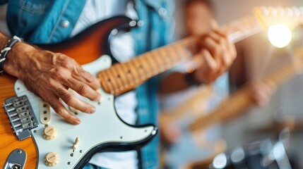 Fototapeta premium A close-up view of a musician's skillful fingers playing an electric guitar, showcasing their passion and energy during a performance, highlighting the artistry and technique involved.