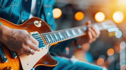 Obraz premium A guitarist’s hands depicted in the act of playing an electric guitar at a live event, with warm stage lights highlighting the instrument and the energy of the performance captured.