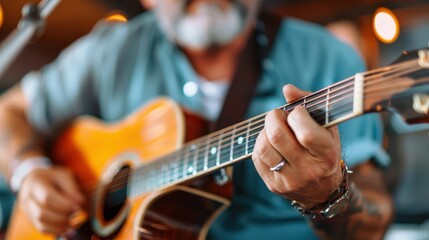 Fototapeta premium A detailed image of a seasoned musician intensely playing his acoustic guitar during a lively concert, highlighting his expertise and the atmosphere of the performance.