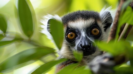A lemur peeks through vibrant green leaves, its big golden eyes staring intently at the camera, creating a captivating image of this fascinating primate.