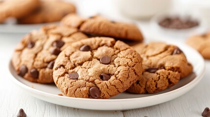 A white plate neatly holds freshly baked chocolate chip cookies, demonstrating an irresistible treat with gooey chocolate morsels and golden-brown edges, always in demand for dessert.