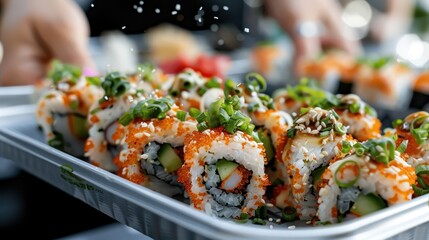 A close-up shot of beautifully arranged sushi rolls garnished with green onions and sesame seeds, perfect for sushi lovers and food enthusiasts seeking fresh, high-quality cuisine.