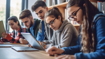  a diverse group of students in a modern classroom, engaged in a group project, using tablets and interactive whiteboards
