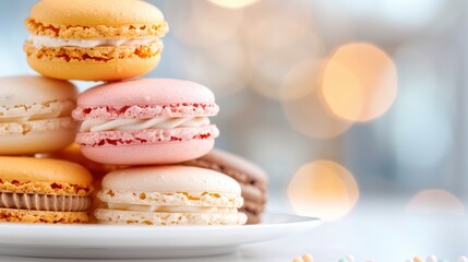 A collection of macarons in pastel hues arranged with a decorative blurred background, perfect for highlighting the delicacy and elegance of these charming French confections.