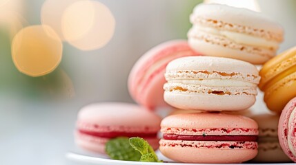 A delightful arrangement of vividly colored assorted macarons stacked together, accompanied by a mint garnish; set against a soft, blurred background for an elegant presentation.