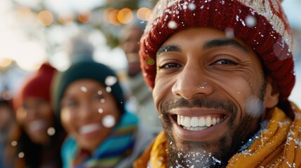 A cheerful man in a red woolen hat enjoys a snowy day outdoors with friends, capturing the joy and warmth of their companionship and the festive winter spirit.