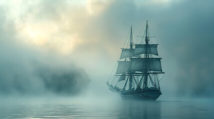 Fototapeta premium An antique frigate navigating through a fog bank