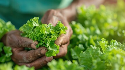 A pair of hands carefully holds lush leafy greens amidst a vibrant garden, showcasing the nurturing aspect of plant cultivation and vegetable gardening in full bloom.