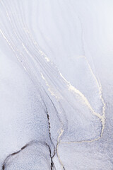 An abstract image featuring a close-up of swirling veins of silver and gold on a pale gray surface. The image is reminiscent of a geological formation or a painting