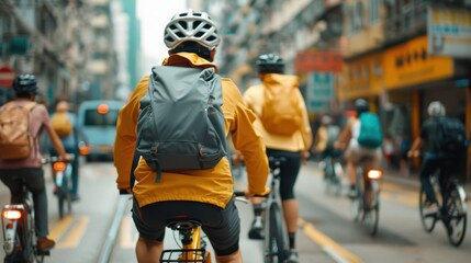 Naklejka premium Cyclists wearing backpacks and yellow jackets ride down a lively urban street, showcasing commuting efficiency and the spirited community aspect of city life in action.