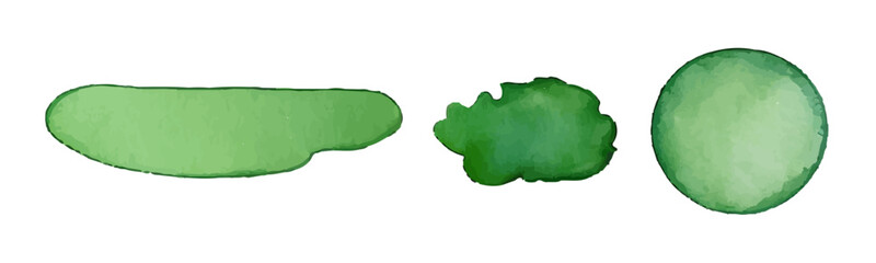 Green watercolor circle stain paint brush. Grunge green watercolor texture blob label ink round vector background.