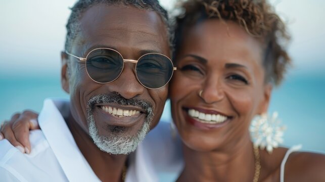 A beaming elderly couple embracing lovingly at the beach, dressed in light clothing and exuding warmth, happiness, and deep affection against a bright seaside backdrop.