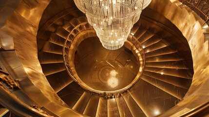 An elegant, spiral staircase chandelier shines in the luxury of the Bulgari hotel. Its deep golden color adds to the opulent atmosphere.